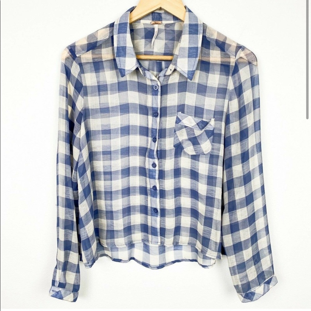 Free People Gingham Blue & White Sheer Top Small